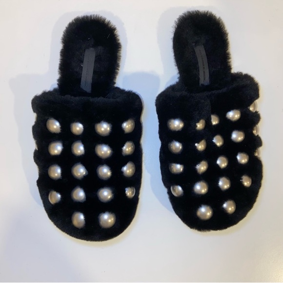 Alexander Wang Amelia Studded Lamb Fur Mule Slides Slippers - Picture 4 of 15